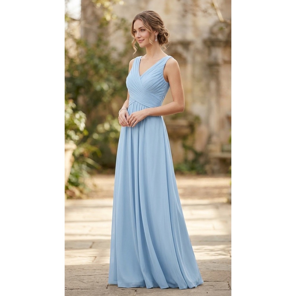 NWT Azazie Flora Bridesmaid Dress Steel Blue V-Neck Pleated Chiffon Gown Size A8